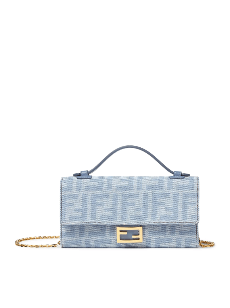 CONTINENTAL WITH CHAIN BAGUETTE DENIM WALLET FF LIGHT BLUE - Fendi - Woman