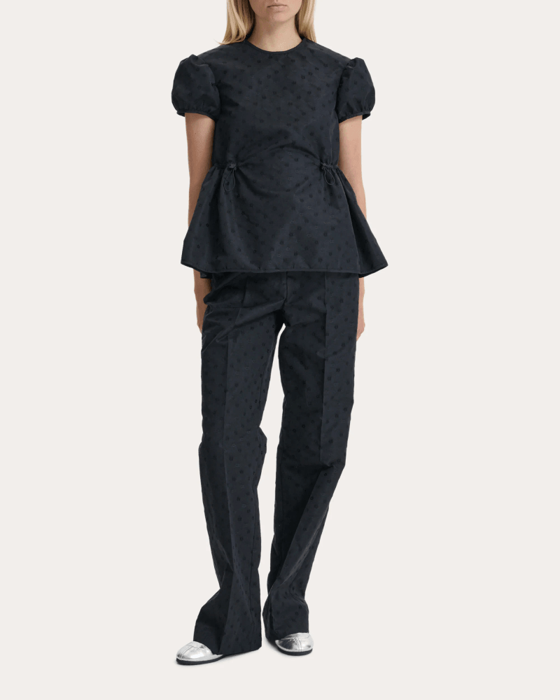 Cecilie Bahnsen Women's Chiara Iris Jacquard Cinched Puff-Sleeve Top in Black Cotton/Polyester