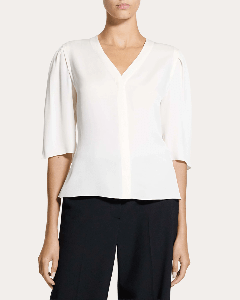 Theory Women's Silk Round-Sleeve Button-Up Top in White