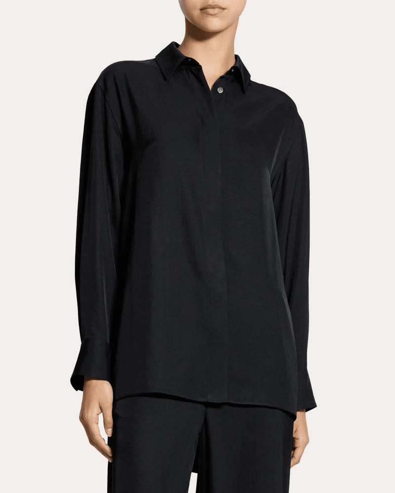 Theory Women's Washed Twill Flounced High-Low Shirt in Black Acetate