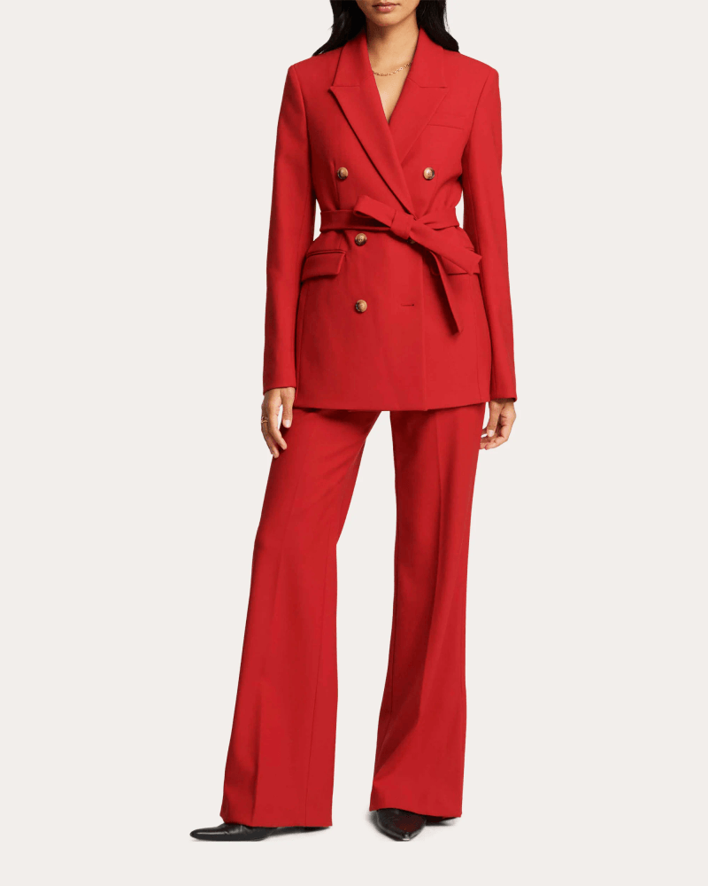 Argent Women's Heavy Wool Twill Belted Double-Breasted Blazer in Red Wool/Viscose/Elastane