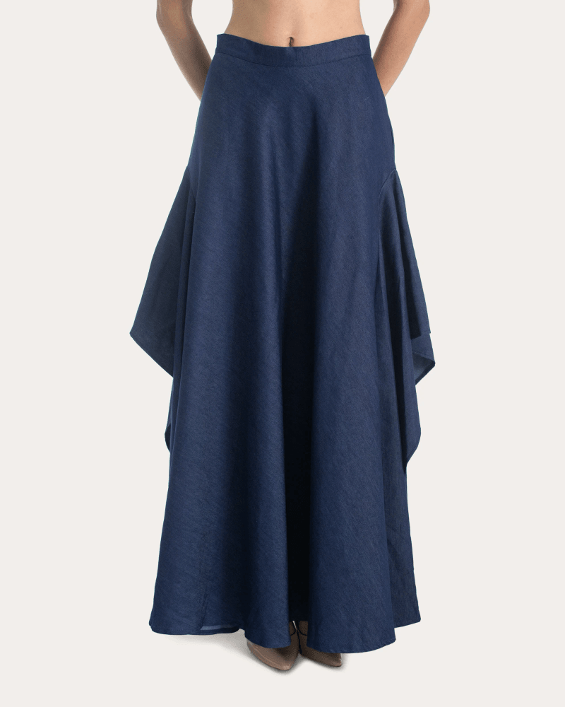 Francisco Arce Women's Carmen Denim Draped Maxi Skirt in Blue Denim/Polyester