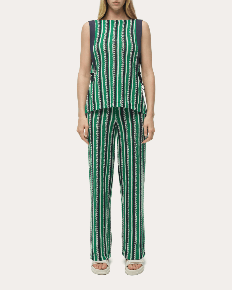 SIMKHAI Women's Brenner Stripe Knit Straight-Leg Pants in Green Cotton/Elastane/Polyester