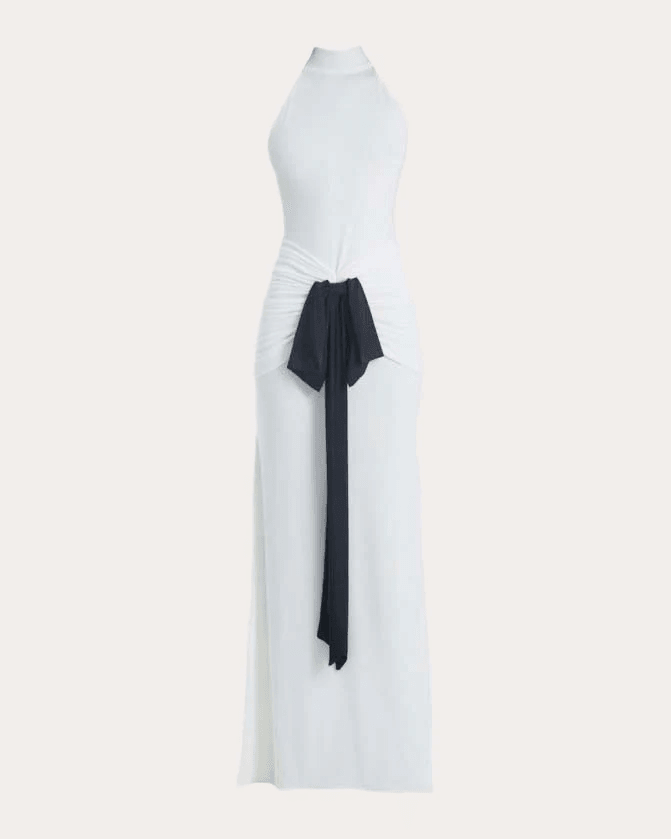Francisco Arce Women's Sael Gathered Bow Mock Neck Gown in White Polyester