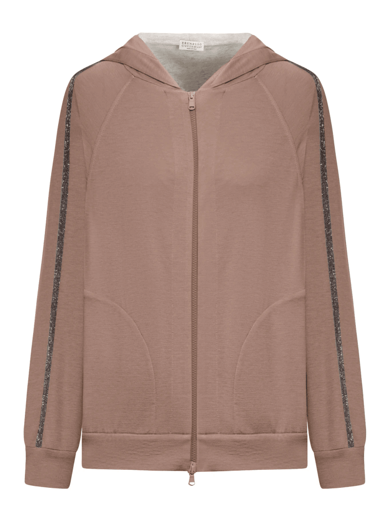 COTTON AND SILK INTERLOCK TOPWEAR WITH HOOD AND PRECIOUS STRIPE - Brunello Cucinelli - Woman