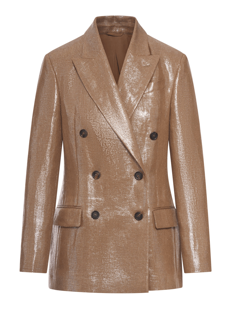 DOUBLE-BREASTED BLAZER IN LAMINATED FABRIC WITH A SHINY EFFECT - Brunello Cucinelli - Woman