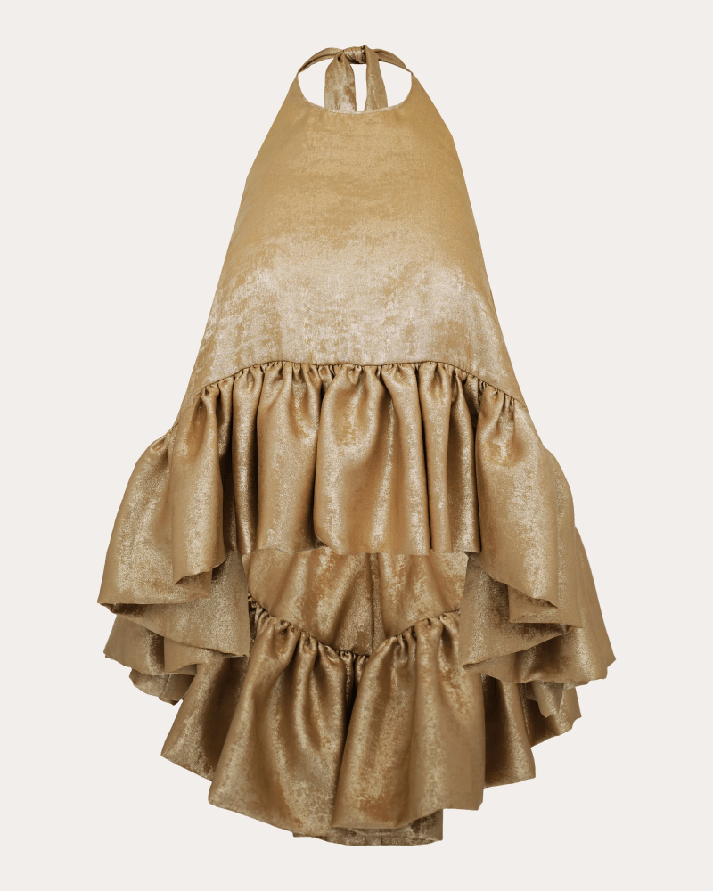Azeeza Women's Winston Metallic Lamé Ruffle Halter Top in Gold Polyester