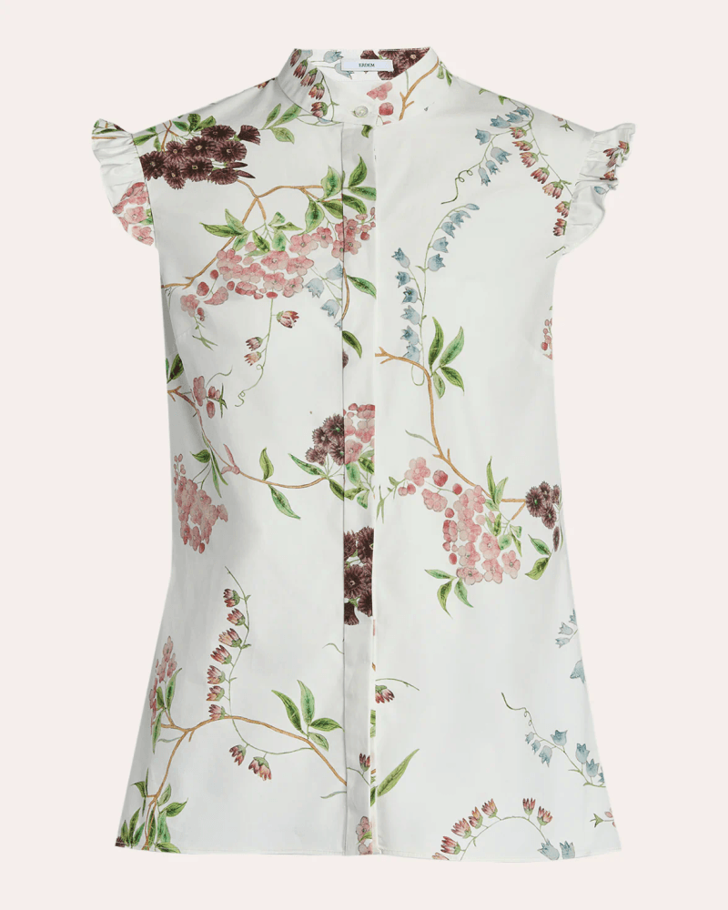 ERDEM Women's Floral Cotton Ruffle Sleeveless Shirt in White