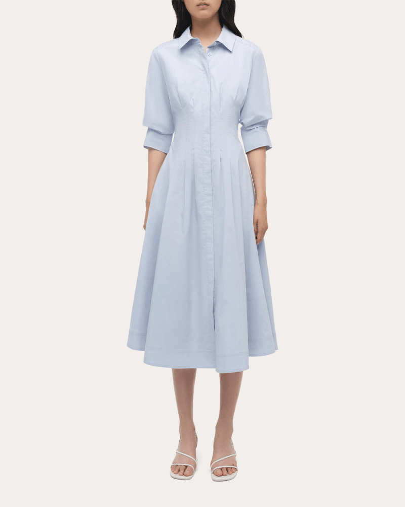 SIMKHAI Women's Jazz Pleated Poplin Midi Shirt Dress in Blue Cotton/Polyester