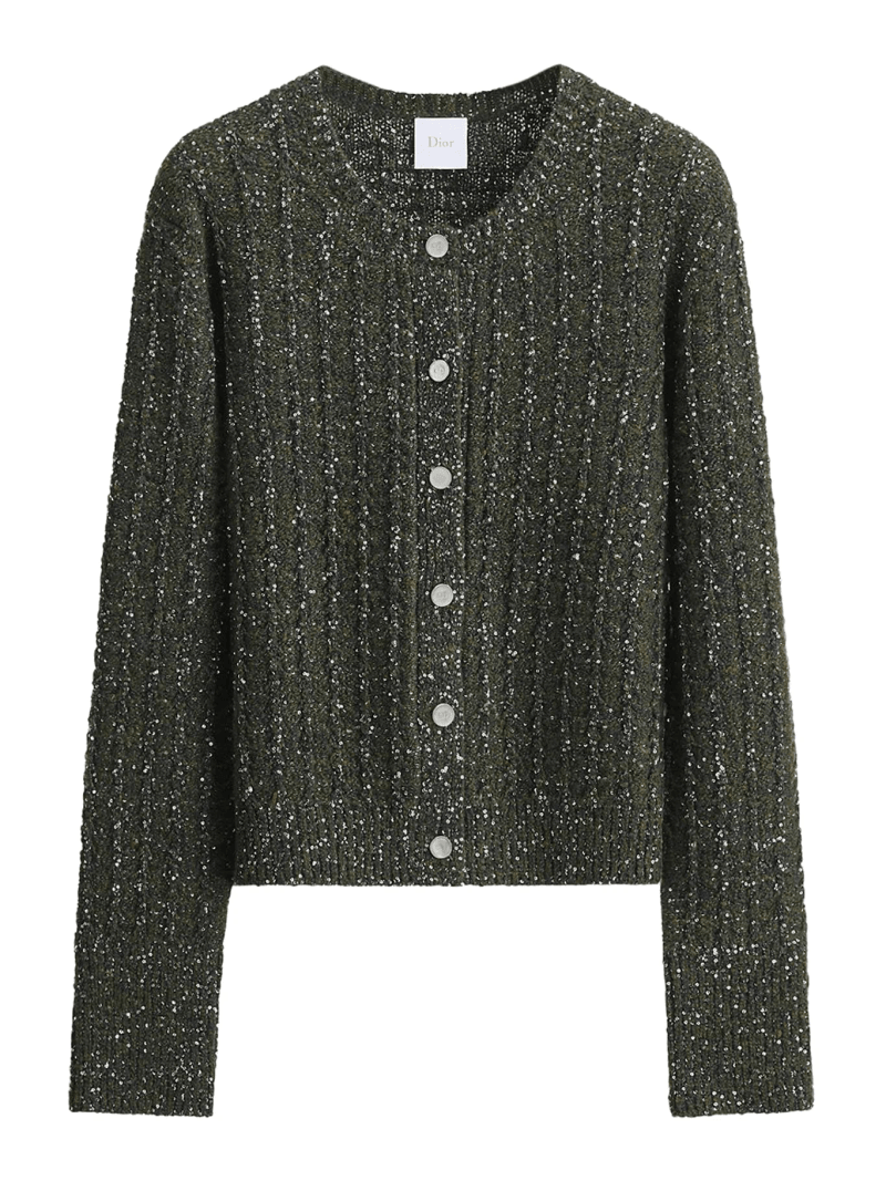 GREEN VIRGIN WOOL AND CASHMERE TWEED CARDIGAN EMBROIDERED WITH SEQUINS - Christian Dior - Woman