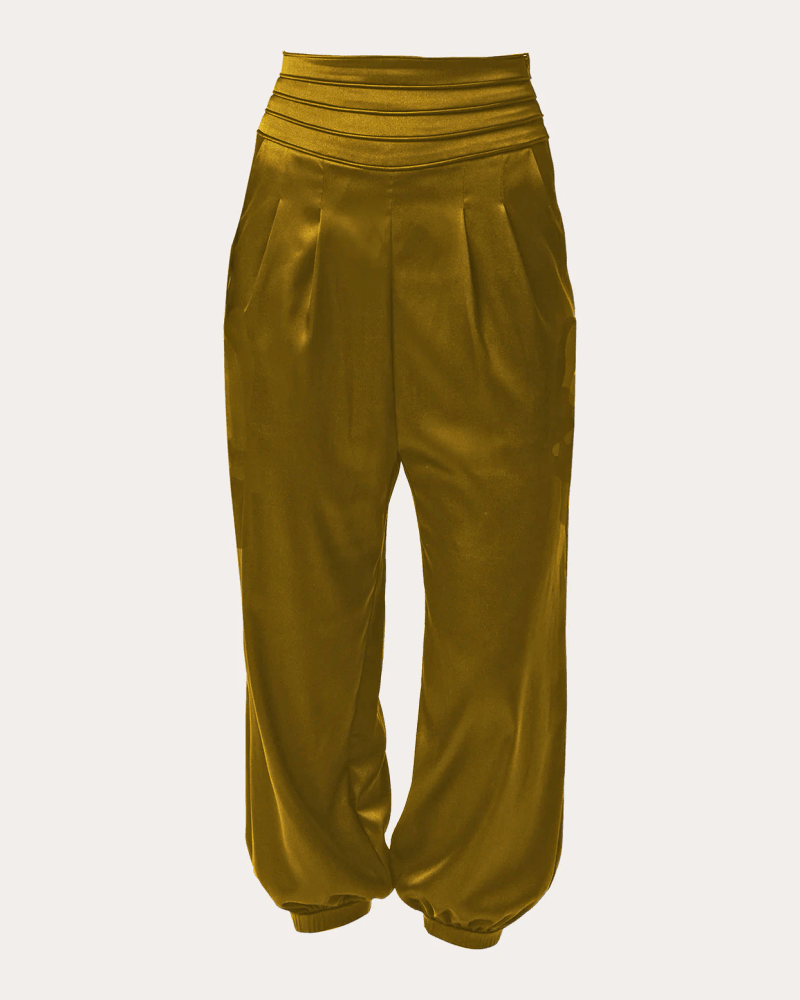 ROMUṠE Women's Avenoir Silk Charmeuse Pleated Crop Pants in Olivegold Silk/Elastane