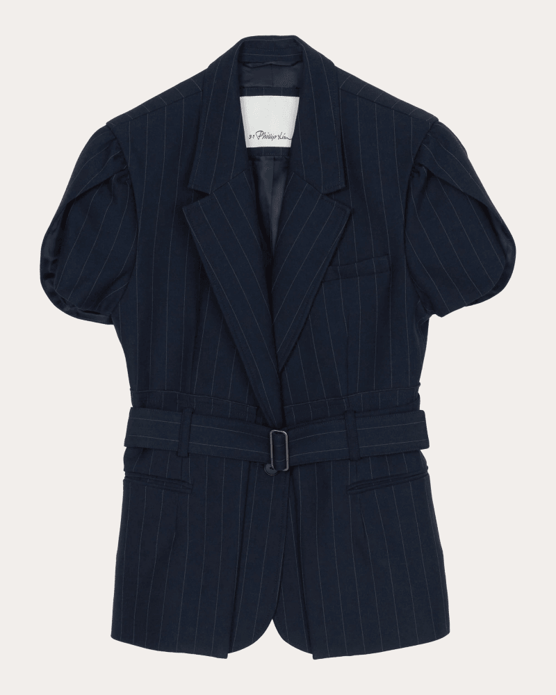 3.1 Phillip Lim Women's Pinstripe Tulip-Sleeve Belted Blazer in Blue Viscose/Elastane/Polyester