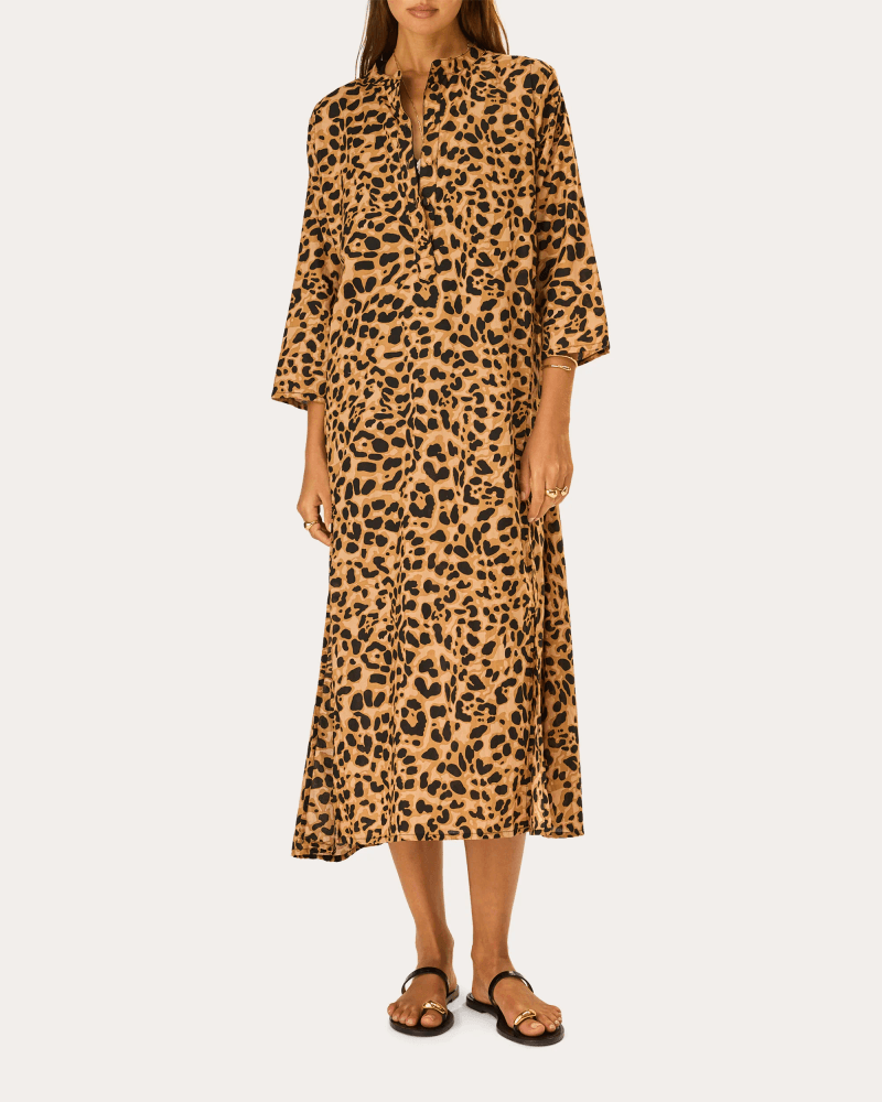 Natalie Martin Women's Isobel Leopard Cotton Kaftan Midi Dress in Brown