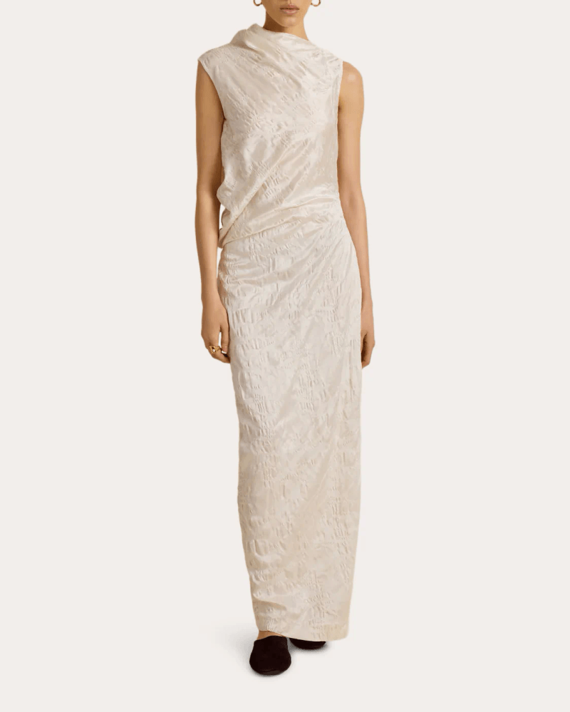 Marina Moscone Women's Satin Jacquard Asymmetric Drape Column Dress in White Wool/Acetate