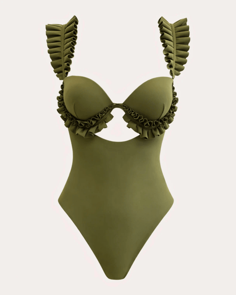 Andrea Iyamah Women's Kuji Pleated Ruffle Cutout One-Piece in Green Nylon/Elastane