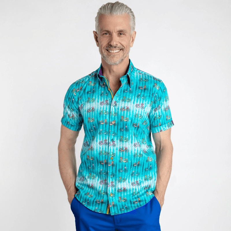 TIE DIE STRIPE WITH BICYCLES PRINT SHORT SLEEVE SHIRT