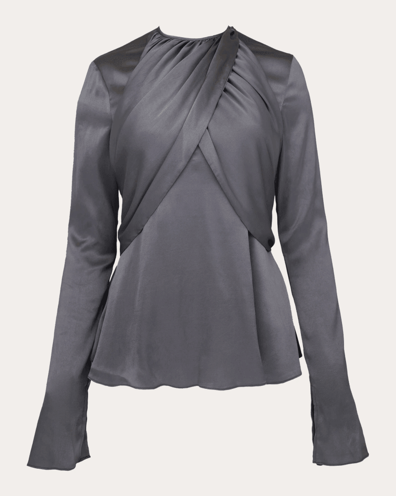 Azeeza Women's Elowen Satin Gathered Crossover Top in Grey Polyester