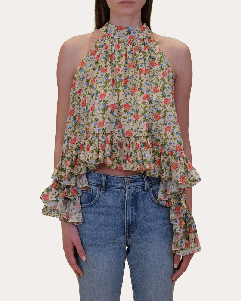Azeeza Women's Plath Floral Voile Asymmetric Ruffle Halter Top Cotton