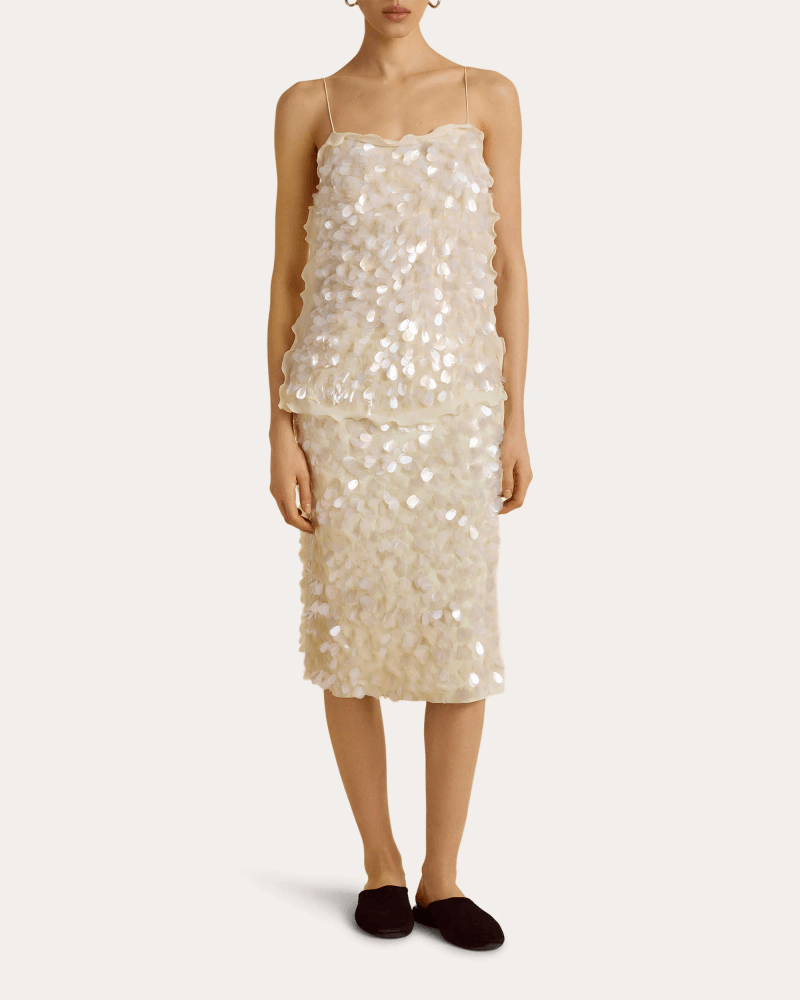 Marina Moscone Women's Sequin Paillette Silk Crepe de Chine Camisole Top in White