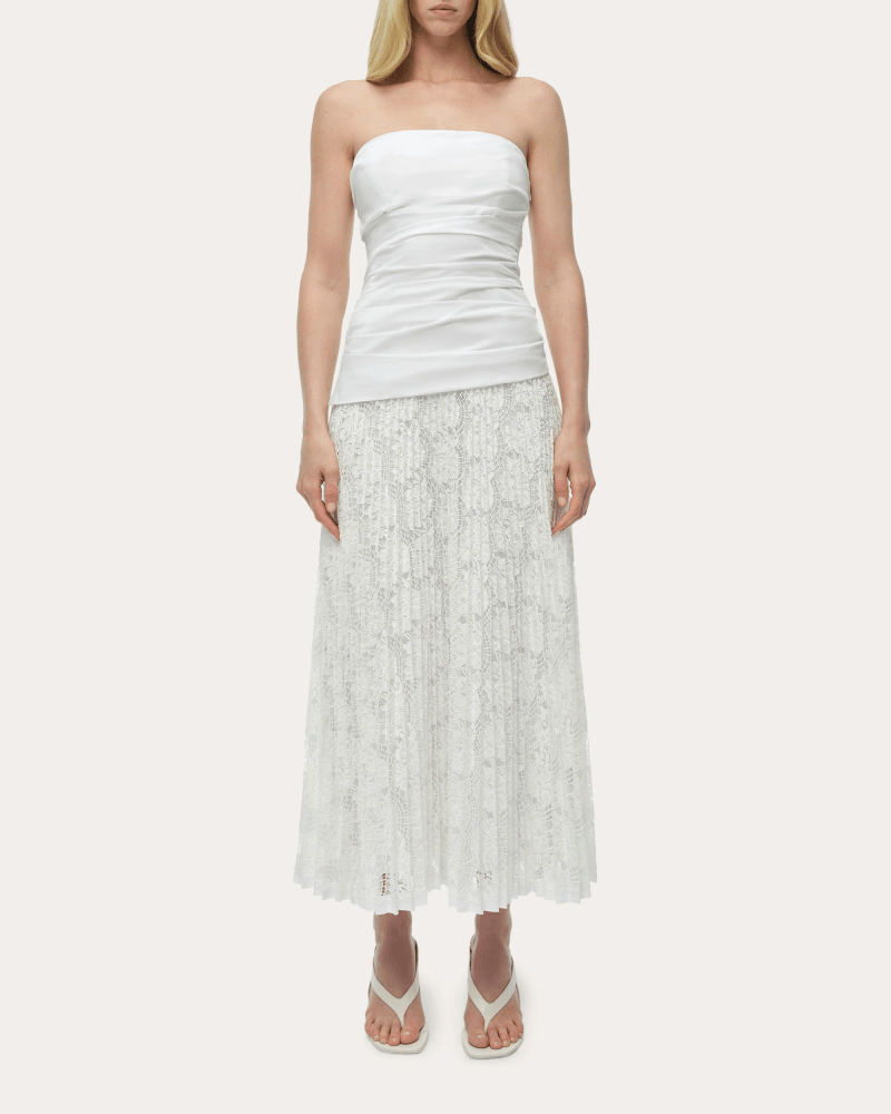 SIMKHAI Women's Annalise Poplin Lace Combo Strapless Midi Dress in White Cotton/Polyester