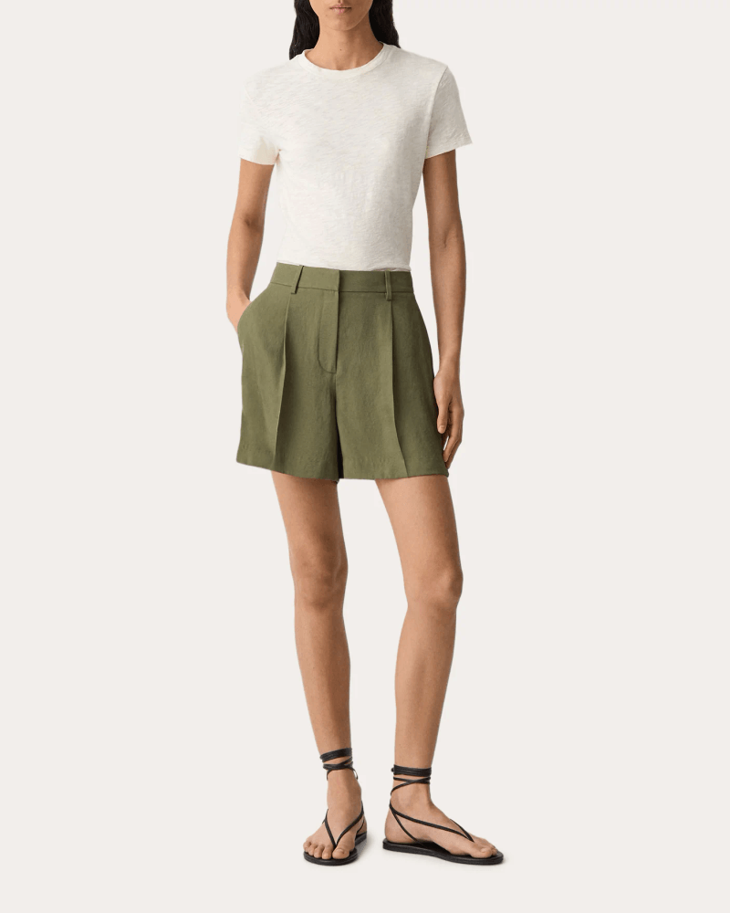 Theory Women's Washed Twill Fluid Pleated Shorts in Green Acetate