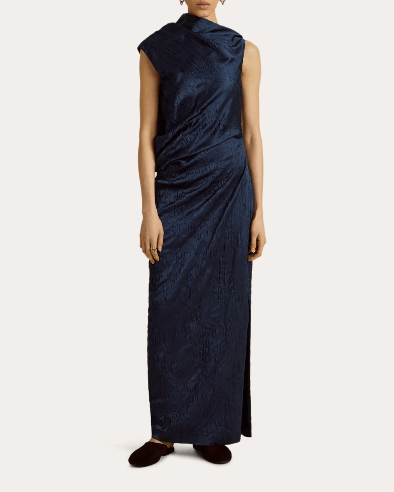 Marina Moscone Women's Satin Jacquard Asymmetric Drape Column Dress in Blue Wool/Acetate