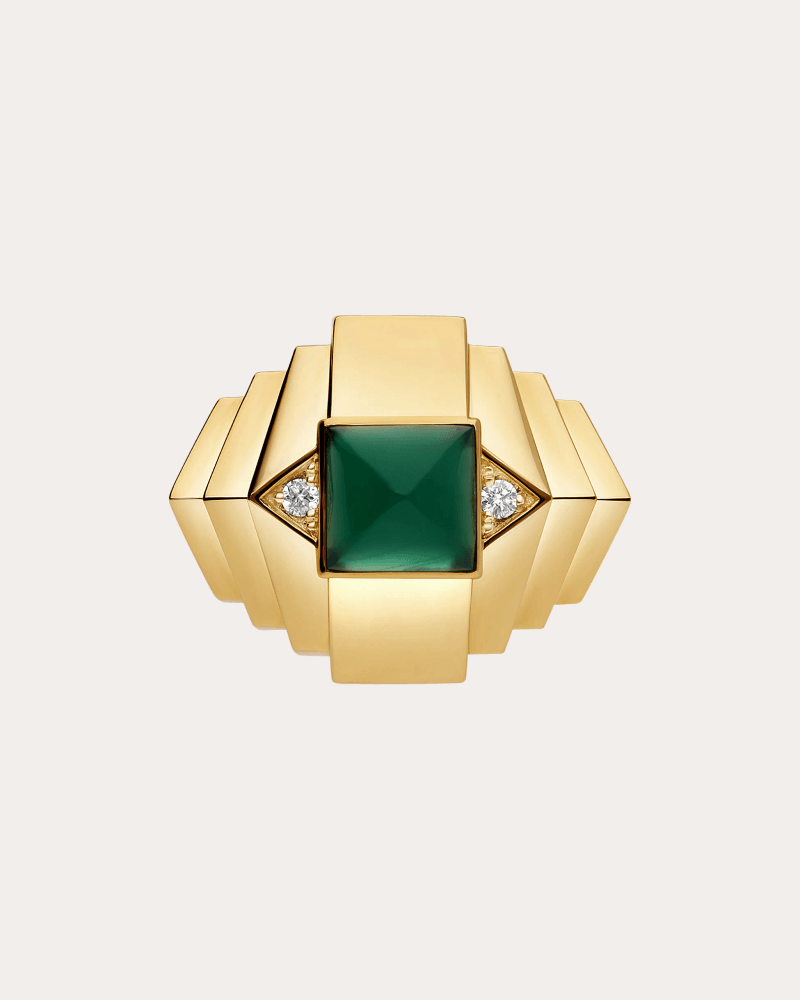 STATEMENT Paris Women's Diamond & Green Agate Rockaway Mini Pyramid Ring in Yellow Gold & Green Agate 18K Gold