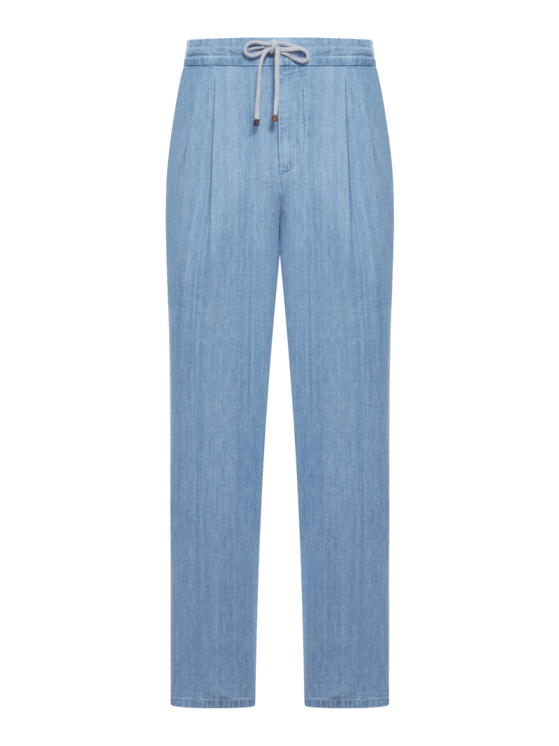 LIGHTWEIGHT DENIM TROUSERS WITH DRAWSTRING AND DOUBLE PLEATS - Brunello Cucinelli - Man