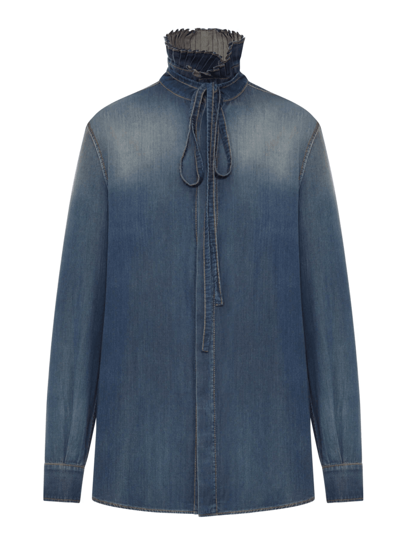 LONG BLOUSE WITH KNOT COLLAR IN COTTON DENIM - Christian Dior - Woman