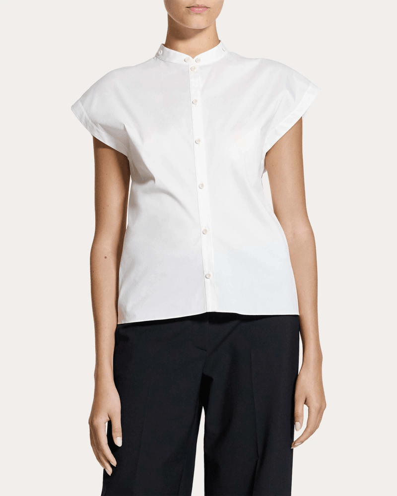 Theory Women's Cotton Poplin Cap-Sleeve Button-Up Top in White Cotton/Spandex