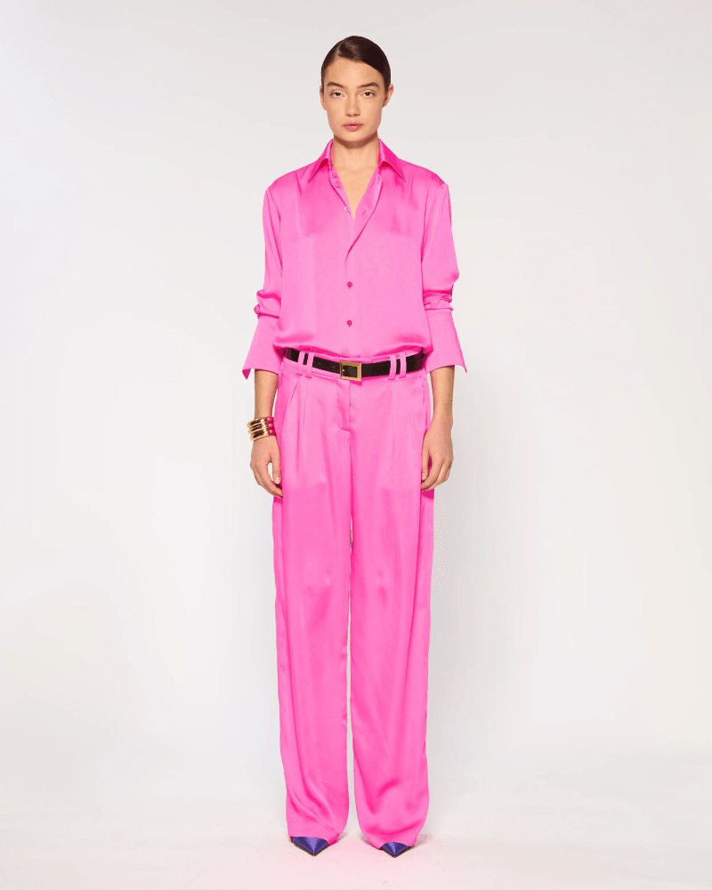 Crinkled Satin Boyfriend Trouser - Shocking Pink