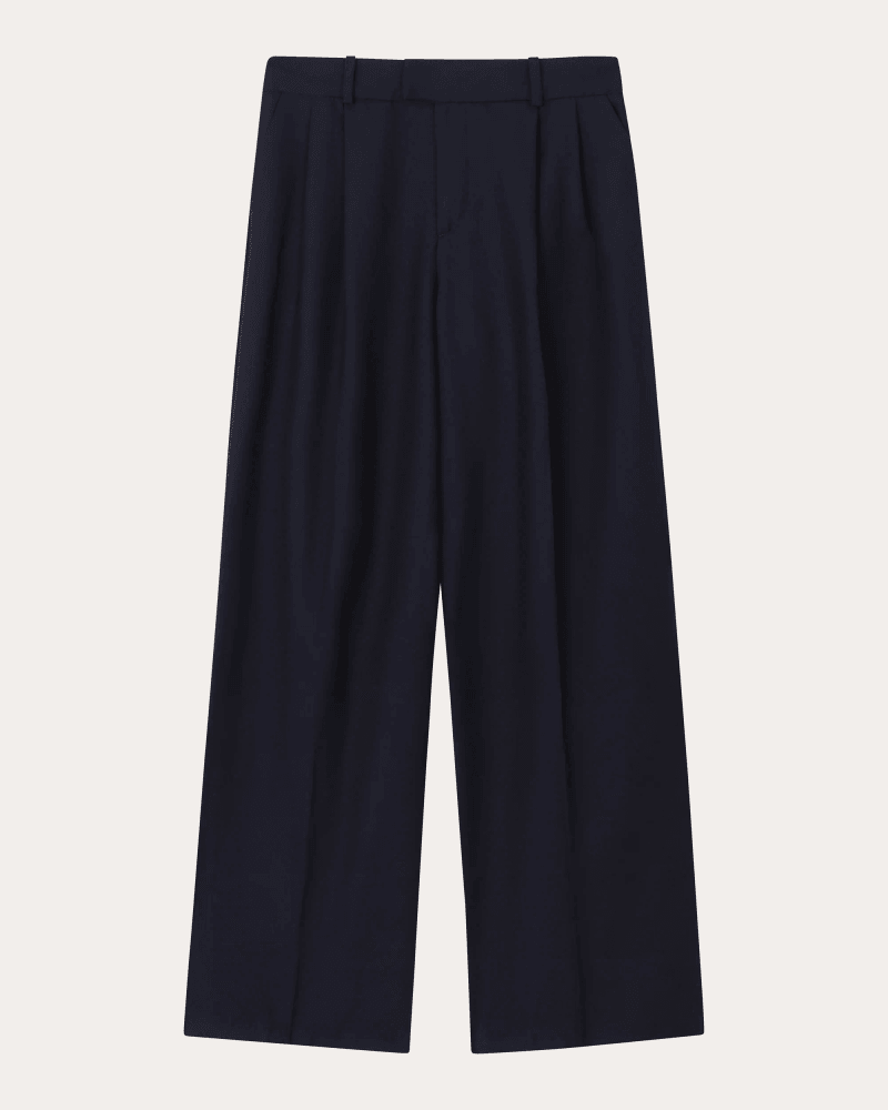 With Nothing Underneath Women's Rampling Wool Wide-Leg Trousers in Navy Blue Wool/Cotton