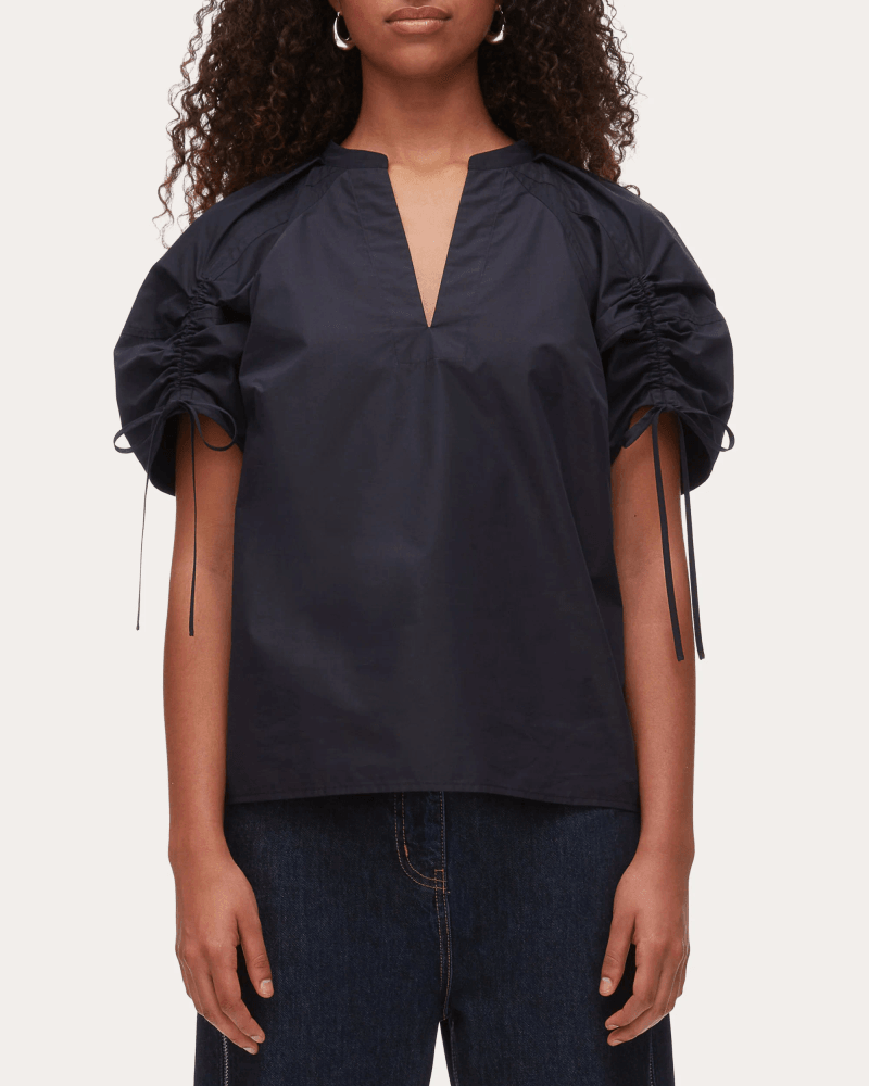 3.1 Phillip Lim Women's Cotton Poplin Ruched Puff-Sleeve Top in Black Cotton/Polyester