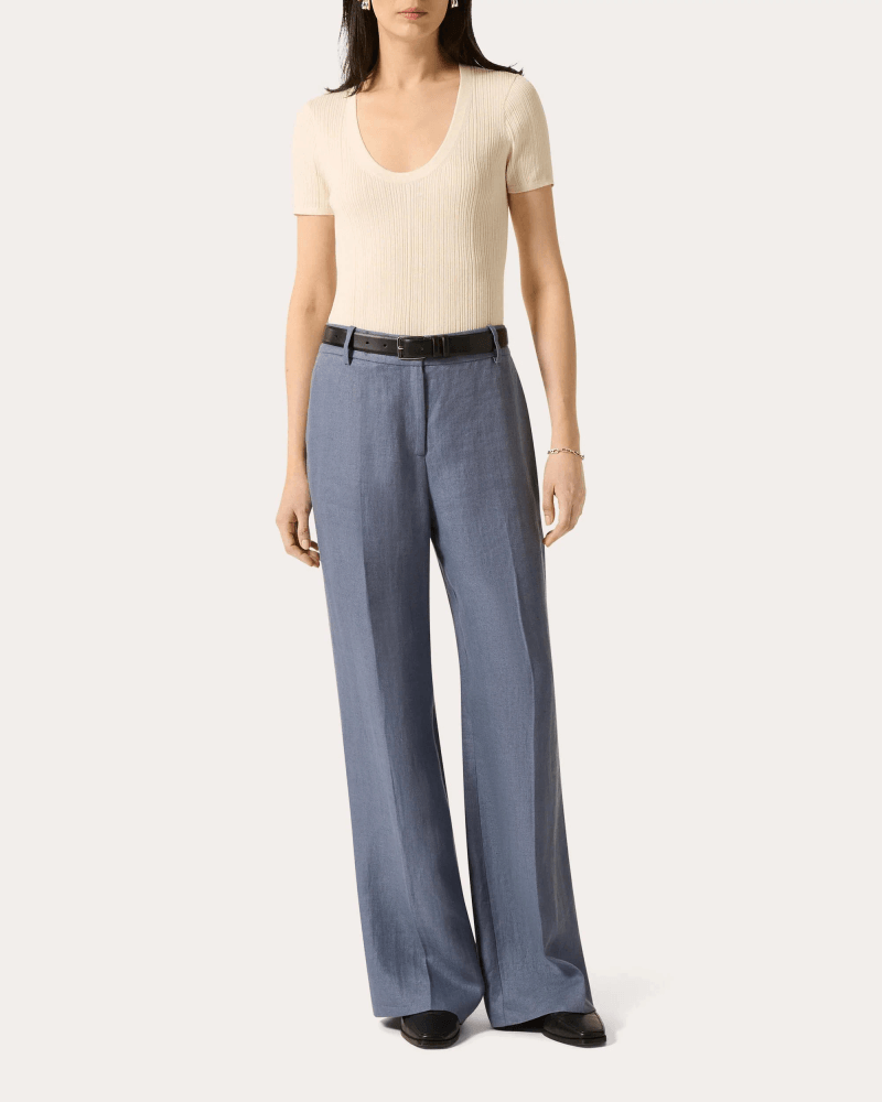 Argent Women's Soho Basket Weave Linen Creased Trousers in Blue Linen/Viscose