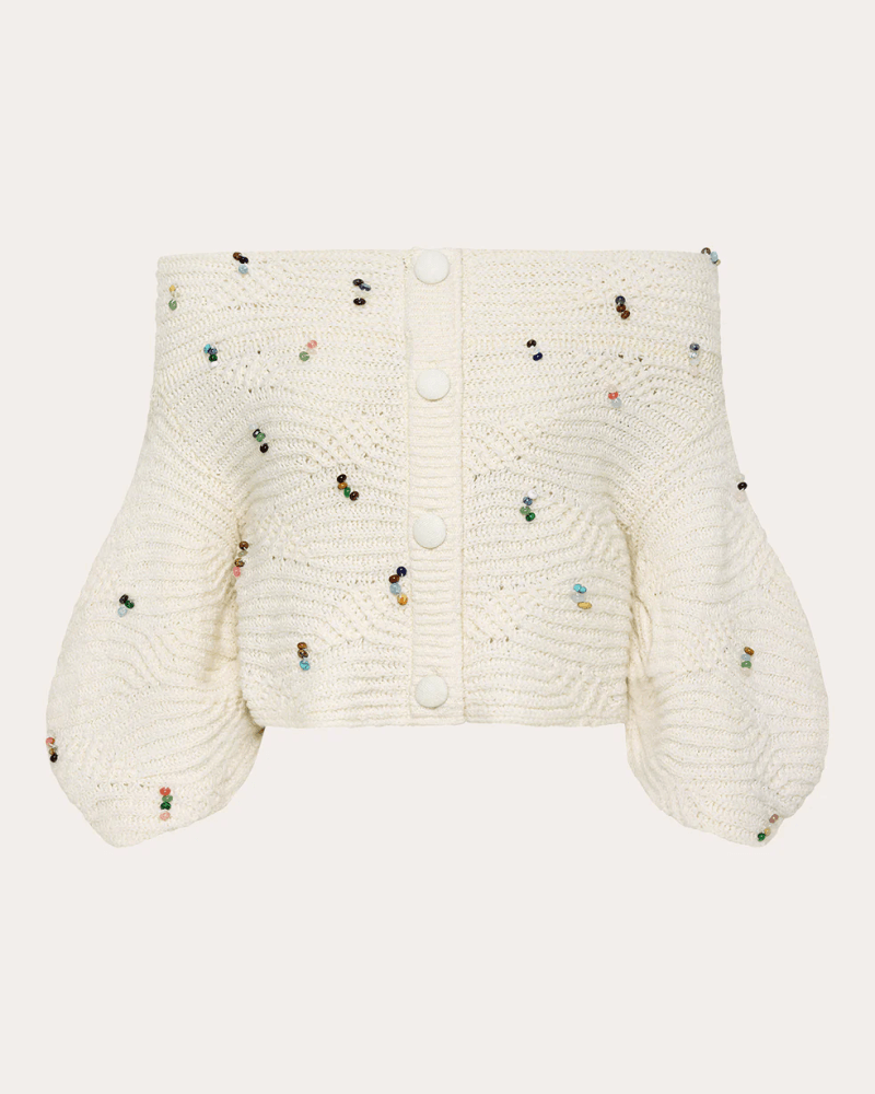 Hellessy Women's Lian Beaded Knit Off-Shoulder Sweater in White Wool/Cotton/Nylon