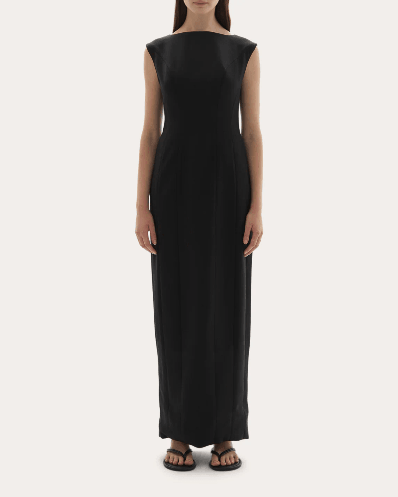 JOAEN Women's Kelli Wool Structured Boatneck Maxi Dress in Black Wool/Viscose