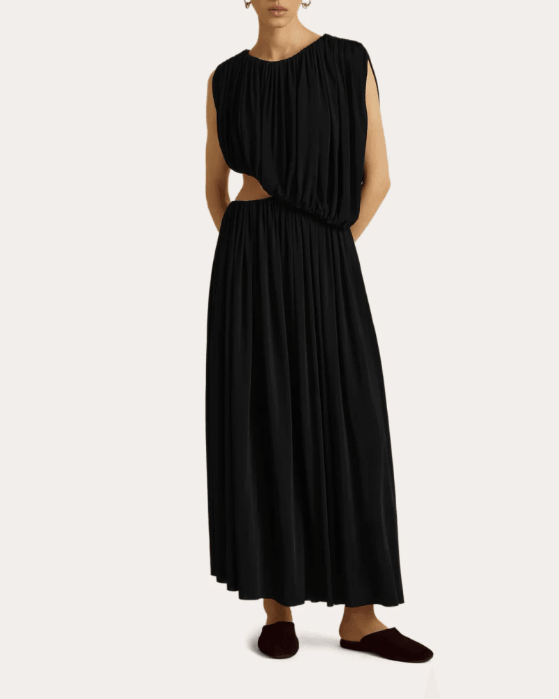 Marina Moscone Women's Jersey Cutout Gathered Drape Maxi Dress in Black Viscose/Elastane