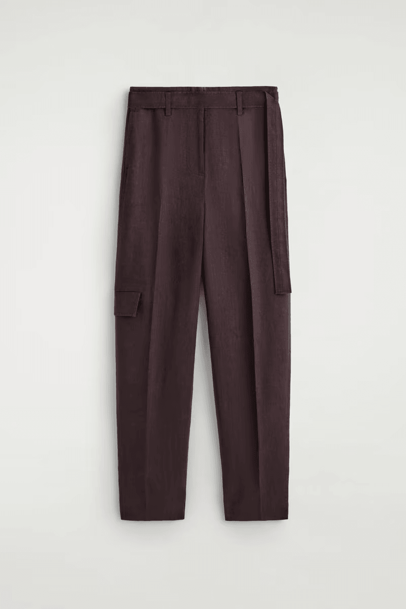 Belted Linen Barrel-Leg Pants in Red