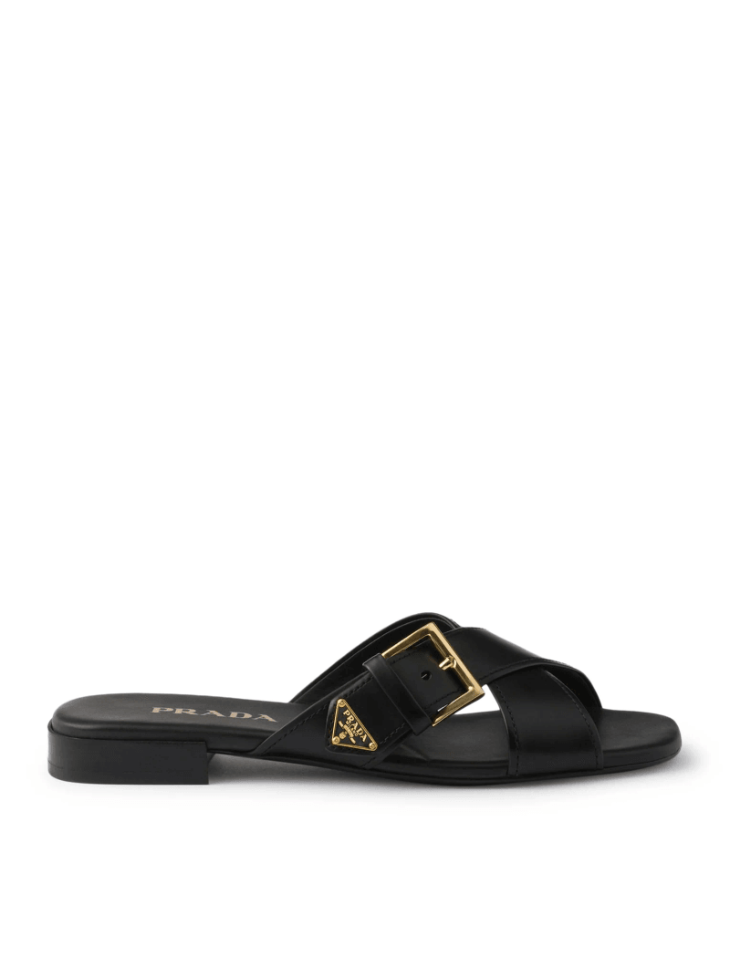 LEATHER SLIDER SANDALS WITH BUCKLE - Prada - Woman