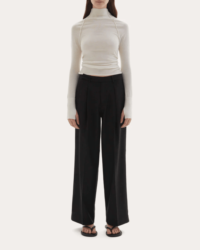 JOAEN Women's Ila Pleated Wool Trousers in Black Wool/Viscose