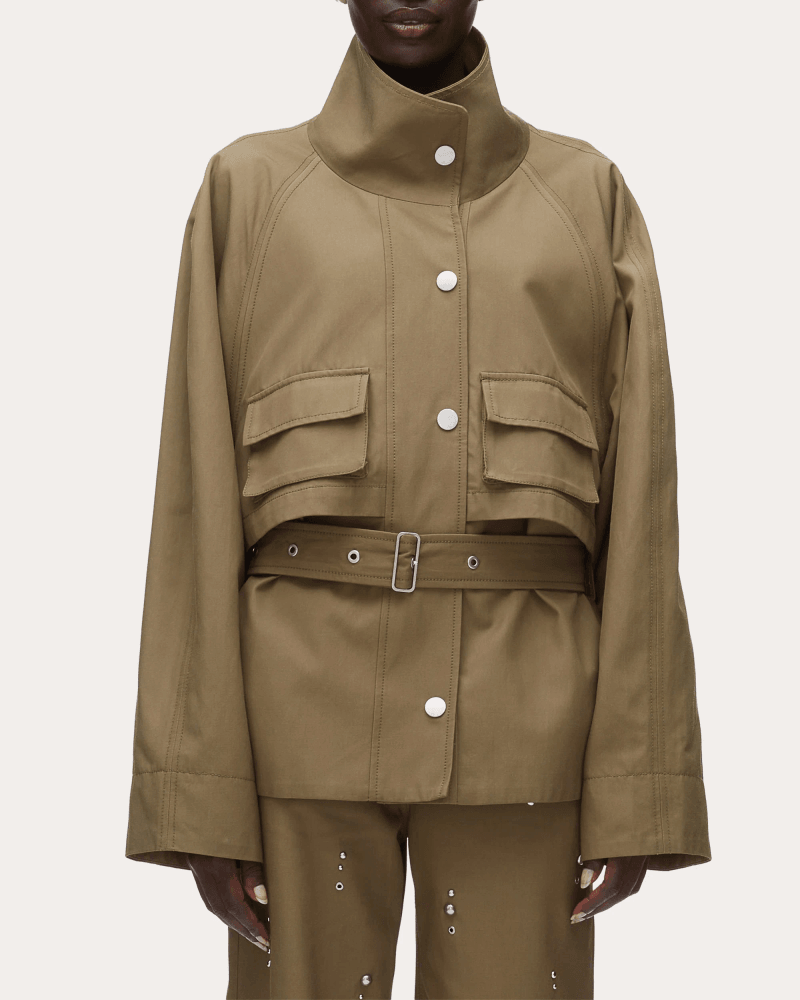 3.1 Phillip Lim Women's Twill Exaggerated Belted Utility Coat in Green Cotton/Viscose