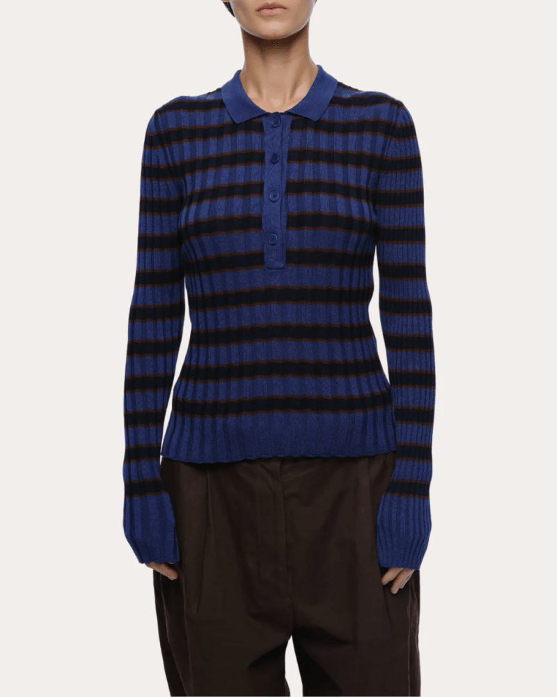 EOLAS Women's Silvia Stripe Ribbed Cotton Polo Sweater in Blue