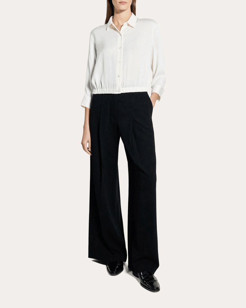 Theory Women's Silk Three-Quarter Sleeve Cinched Button-Up Top in White