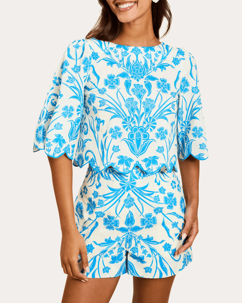 Mestiza Women's Charlize Floral Cotton Scalloped Crop Top in Blue Cotton/Linen