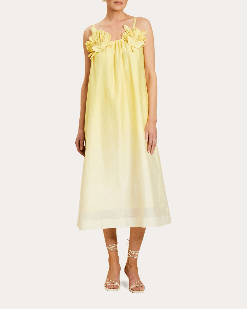 Mestiza Women's Solenn Ombré Organza Appliqué Midi Dress in Yellow Linen/Polyester/Tencel