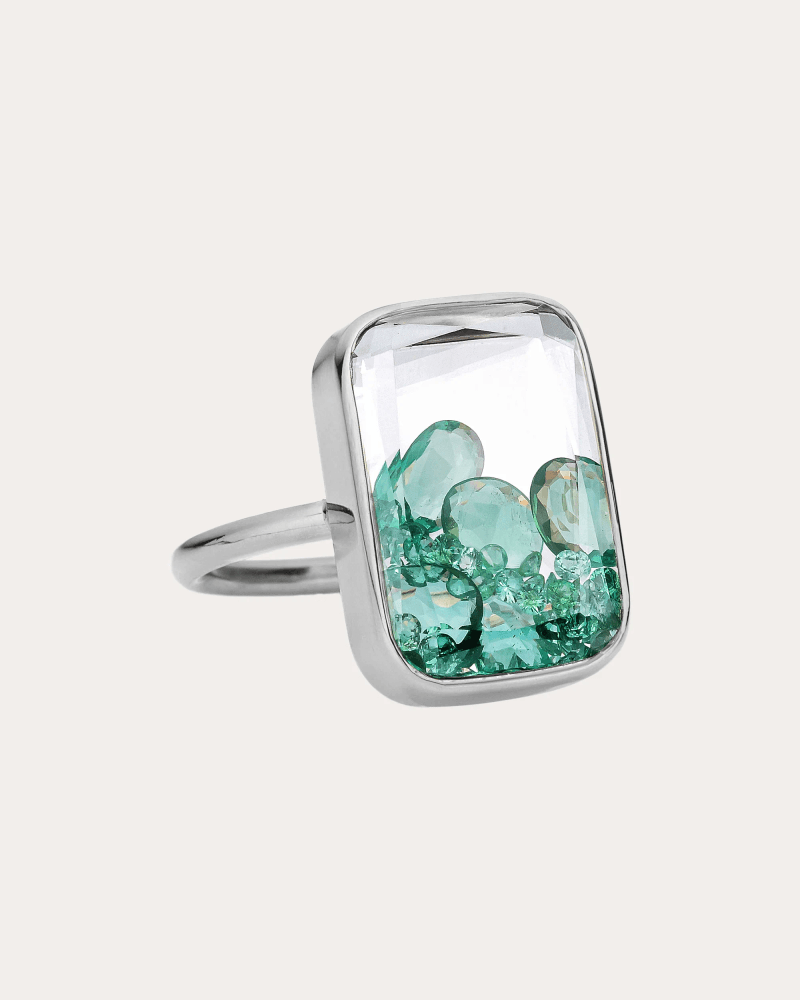 Moritz Glik Women's Emerald & 18k Gold Ten Fourteen Shaker Ring in White Gold