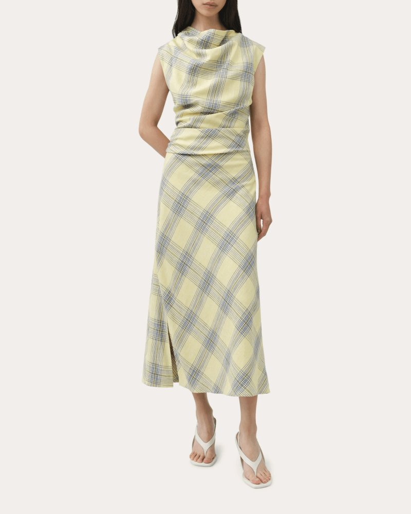 SIMKHAI Women's Burke Plaid Draped Midi Dress in Yellow Linen/Viscose