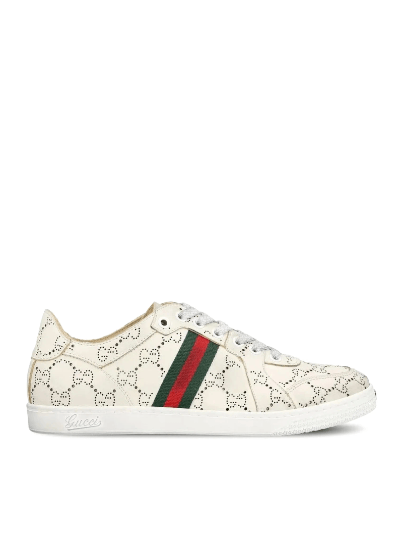 LEATHER SNEAKERS WITH ALLOVER GG AND WEB BAND - Gucci - Woman
