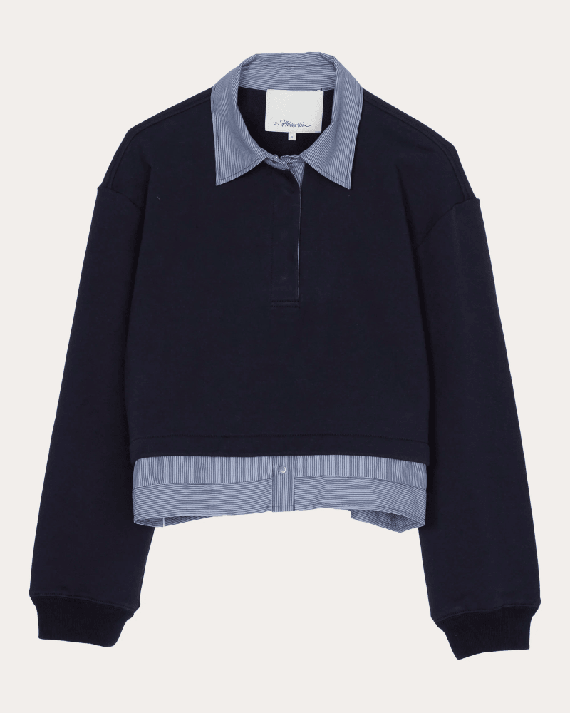 3.1 Phillip Lim Women's French Terry Poplin Combo Polo Shirt in Black Cotton